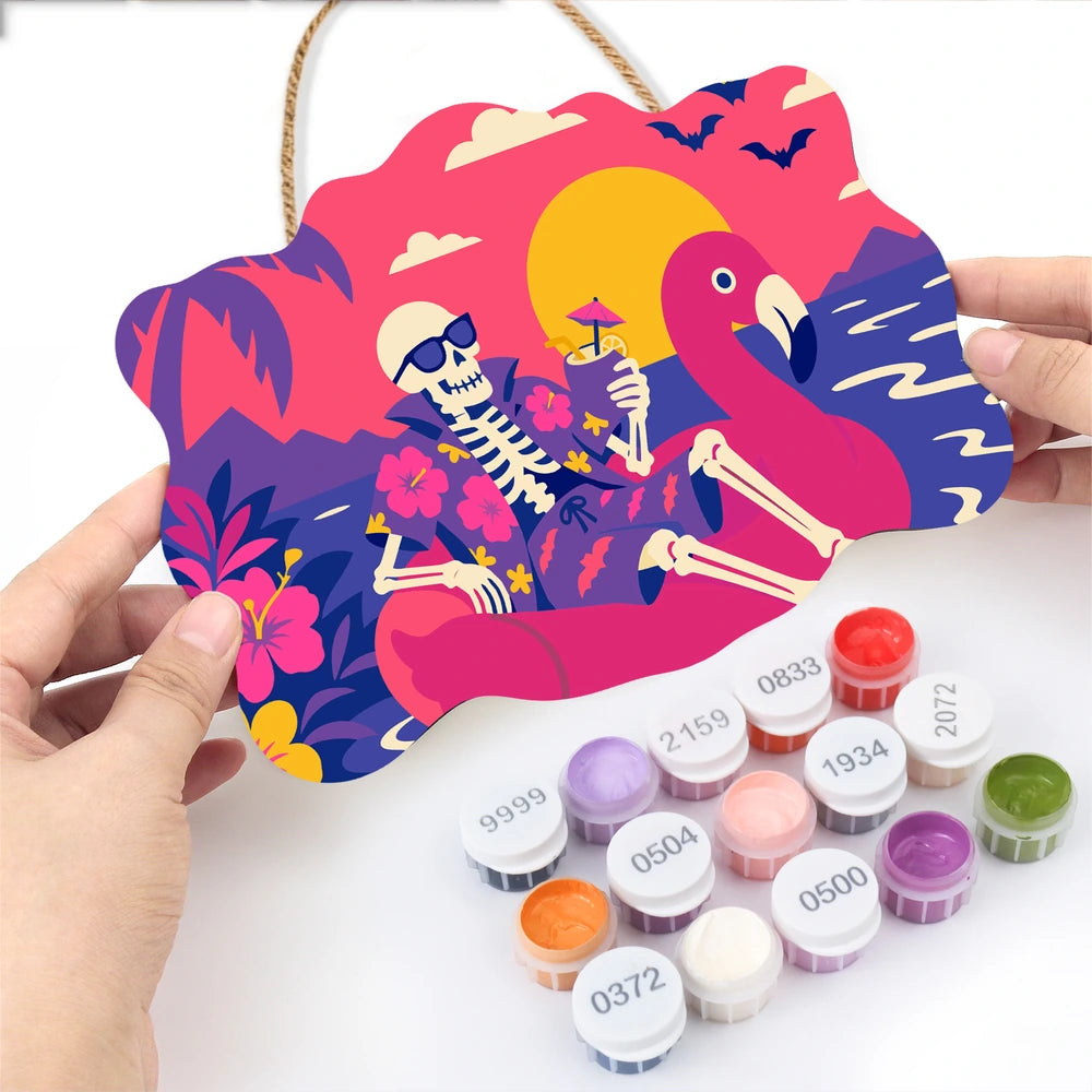 Paint by Numbers - Wooden Door Hanger | Skeleton on a Flamingo Float