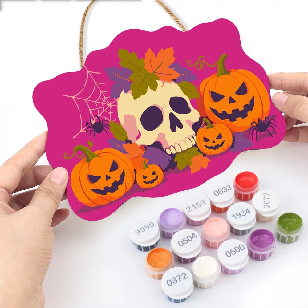 Paint by Numbers - Wooden Door Hanger | Skull with Autumn Leaves and Pumpkins