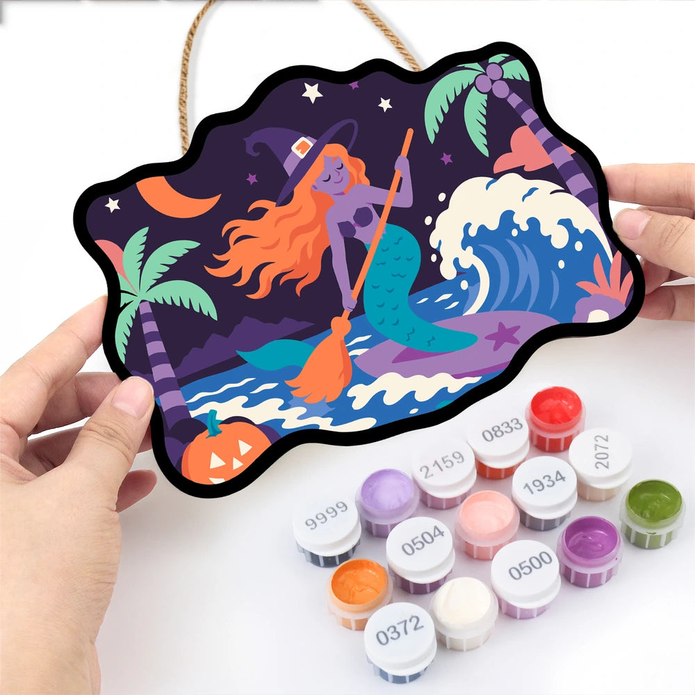 Paint by Numbers - Wooden Door Hanger | Surfing Mermaid Witch