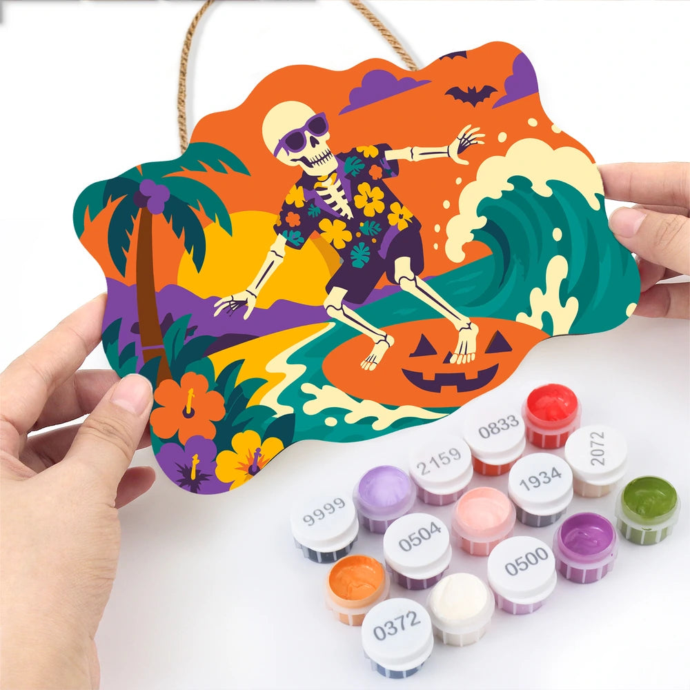 Paint by Numbers - Wooden Door Hanger | Surfing Skeleton in a Hawaiian Shirt