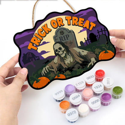 Paint by Numbers - Wooden Door Hanger | Trick or Treat Graveyard Zombie