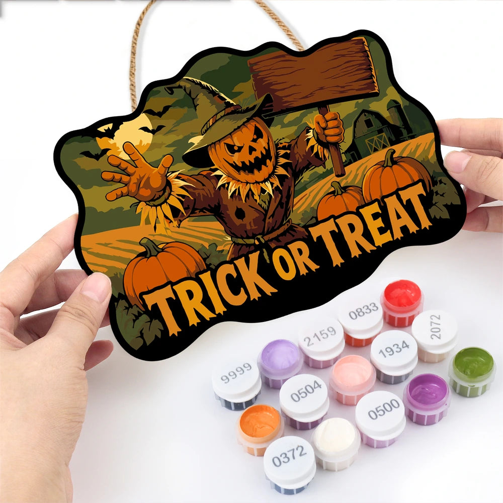 Paint by Numbers - Wooden Door Hanger | Trick or Treat Scarecrow with a Sign