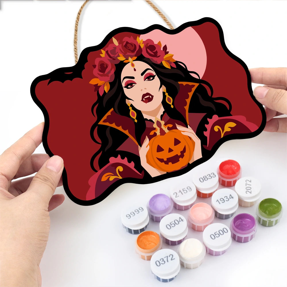
Paint by Numbers - Wooden Door Hanger | Vampire Queen with a Jack-o'-Lantern