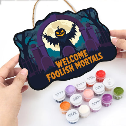 Paint by Numbers - Wooden Door Hanger | Welcome Foolish Mortals Pumpkin Bat