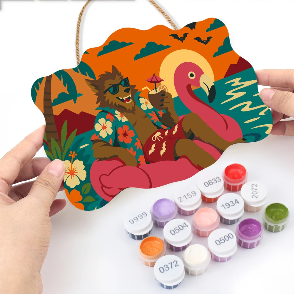 
Paint by Numbers - Wooden Door Hanger | Werewolf on a Flamingo Float