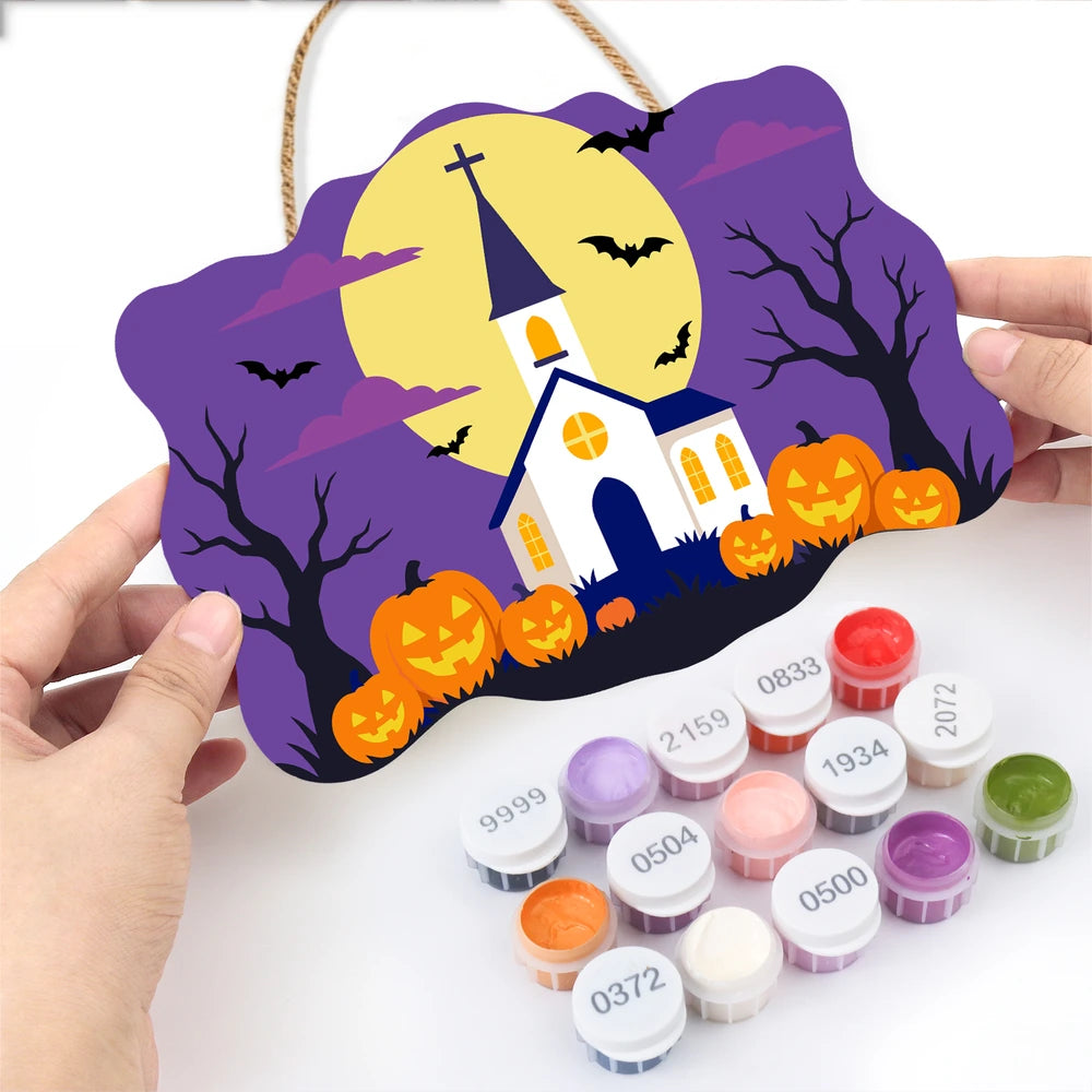 Paint by Numbers - Wooden Door Hanger | White Church Under the Full Moon