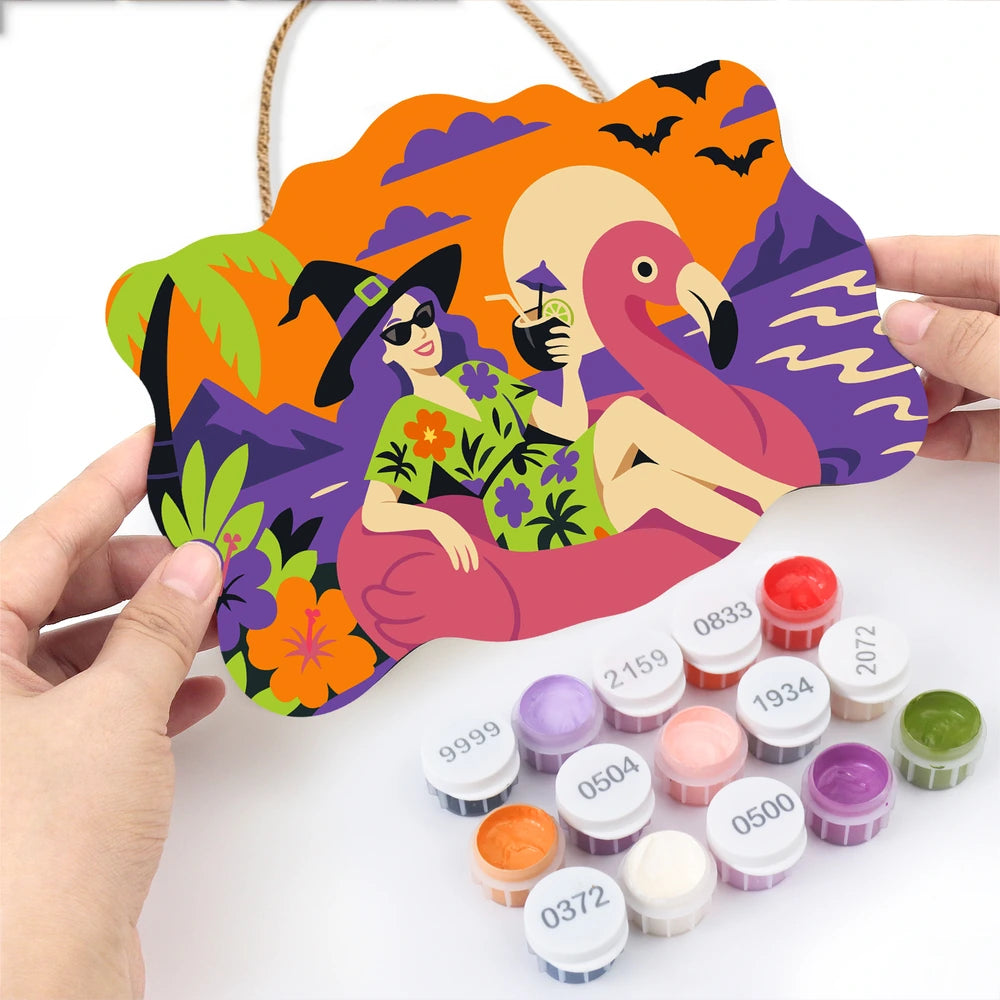 Paint by Numbers - Wooden Door Hanger | Witch on a Flamingo Float