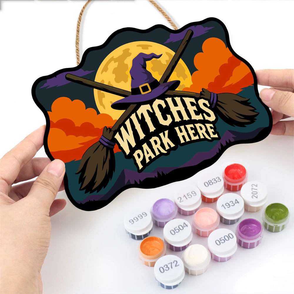 Paint by Numbers - Wooden Door Hanger | Witches Park Here Crossed Brooms