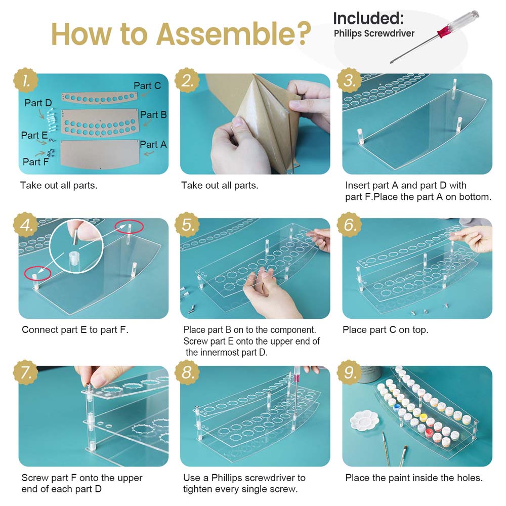 
Step-by-step assembly guide for a clear plastic organizer with parts and tools included.