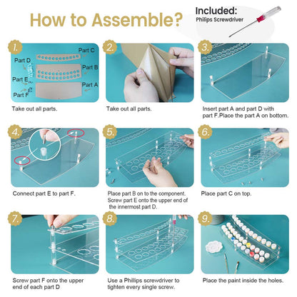 Step-by-step assembly guide for a clear plastic organizer with parts and tools included.
