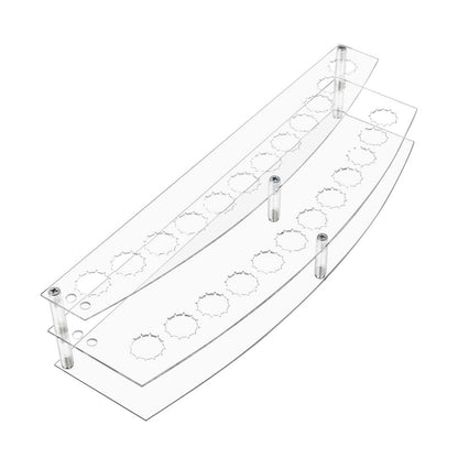 Clear acrylic display stand with multiple small round holes on a white background