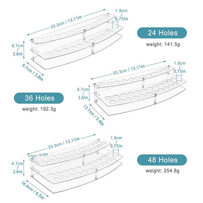 Measurement chart of different-sized test tube racks with dimensions and weights.