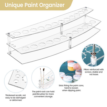 Clear paint organizer with multiple slots for paint cans and brushes, featuring reinforced pillars and thick acrylic material.