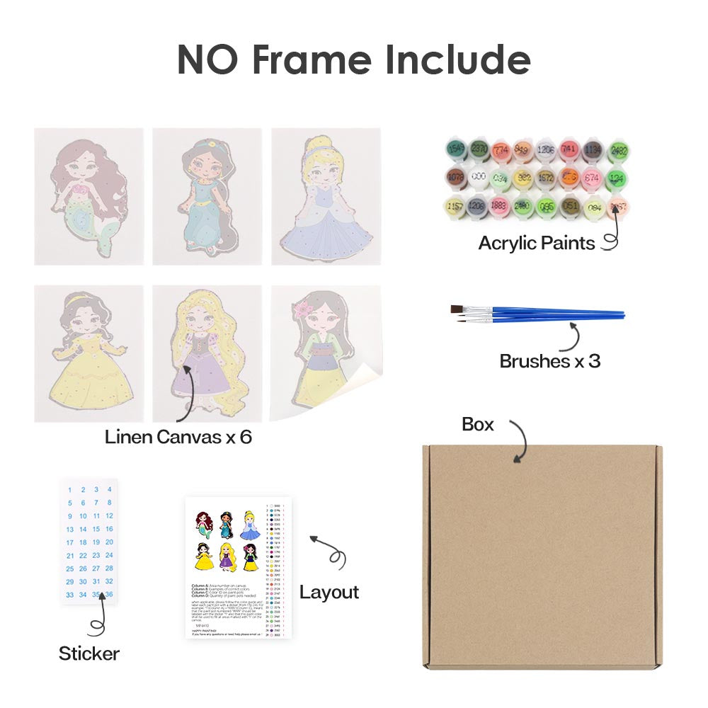 
Paint by Numbers – 6 Mini Paintings | Cute Princess Characters Set