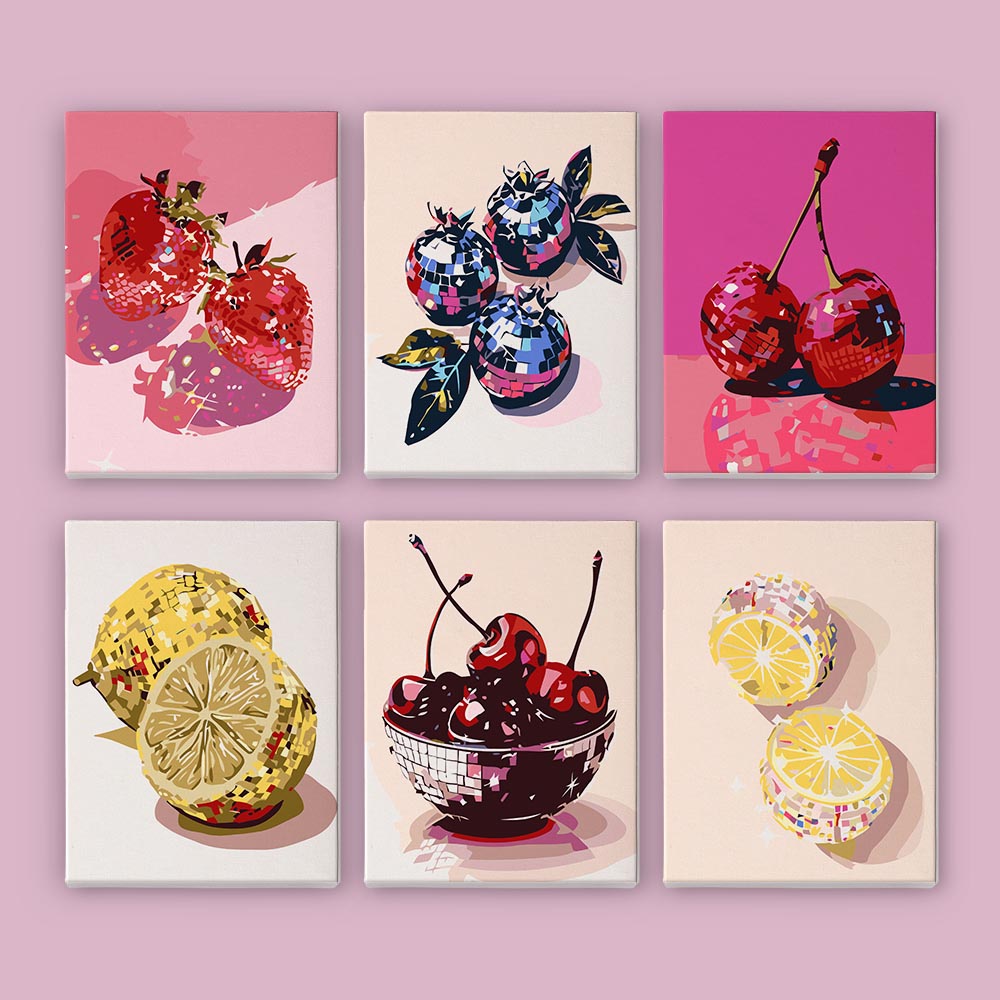 
Paint by Numbers – 6 Mini Paintings | Disco Fruit Pop Art Set