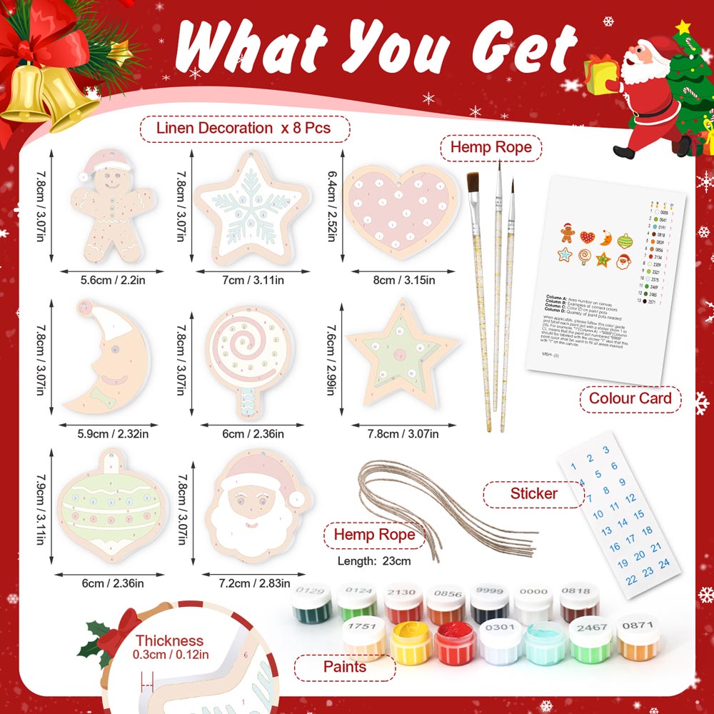 Paint by Numbers – 8 Christmas Ornaments – Sweet Stars & Santa Set