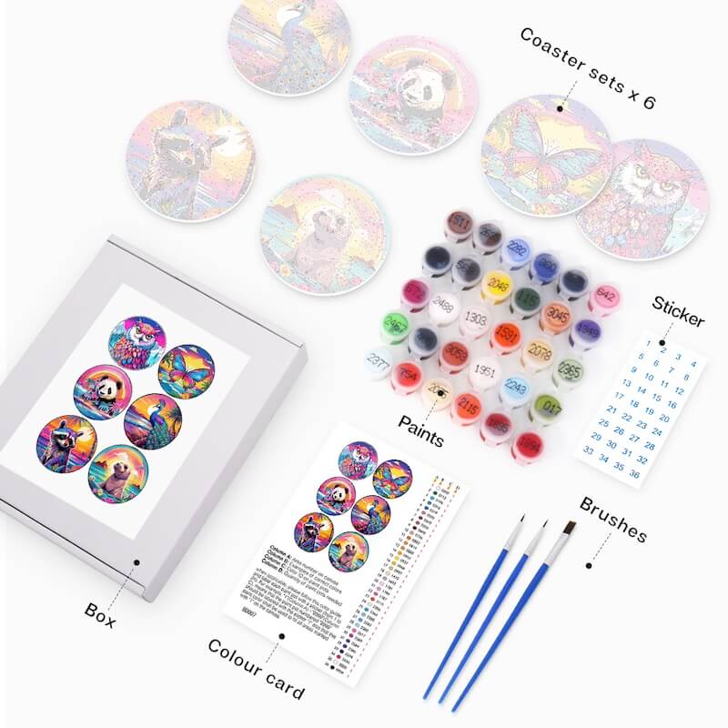 
Paint by Numbers - Coasters | Colorful Animals