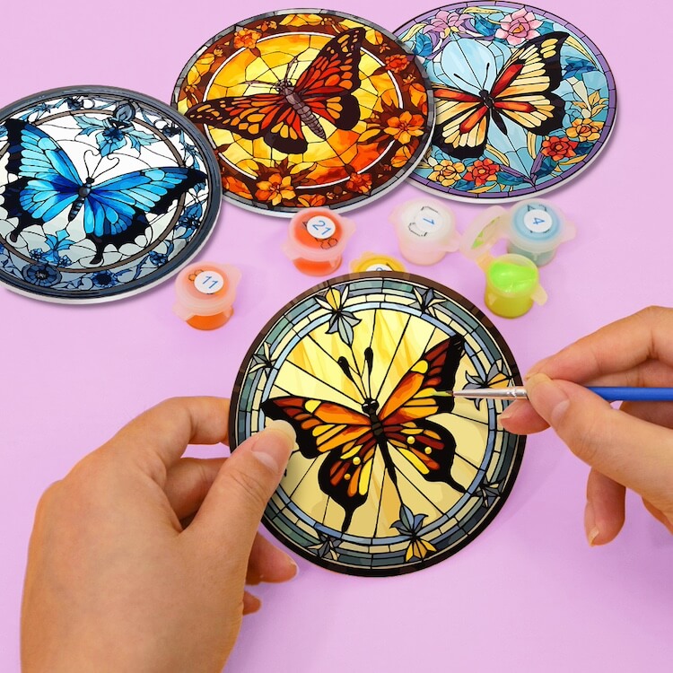 
Paint by Numbers - Coasters | Colorful butterflies