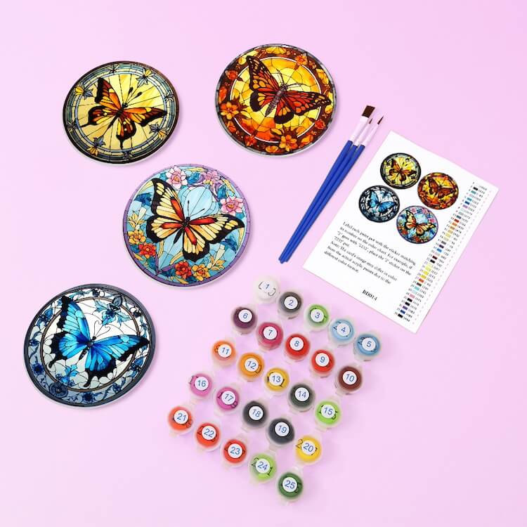 
Paint by Numbers - Coasters | Colorful butterflies