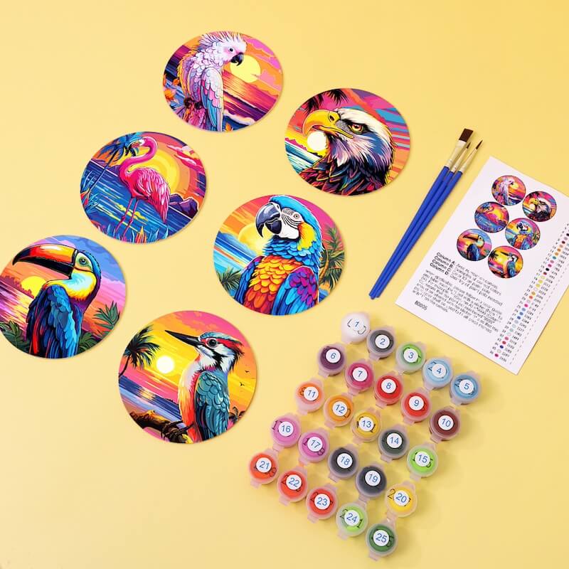
Paint by Numbers - Coasters | Tropical Birds