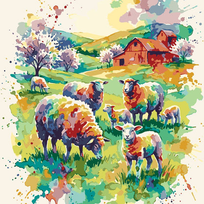 Paint by Numbers - Sheep in the Spring Pasture