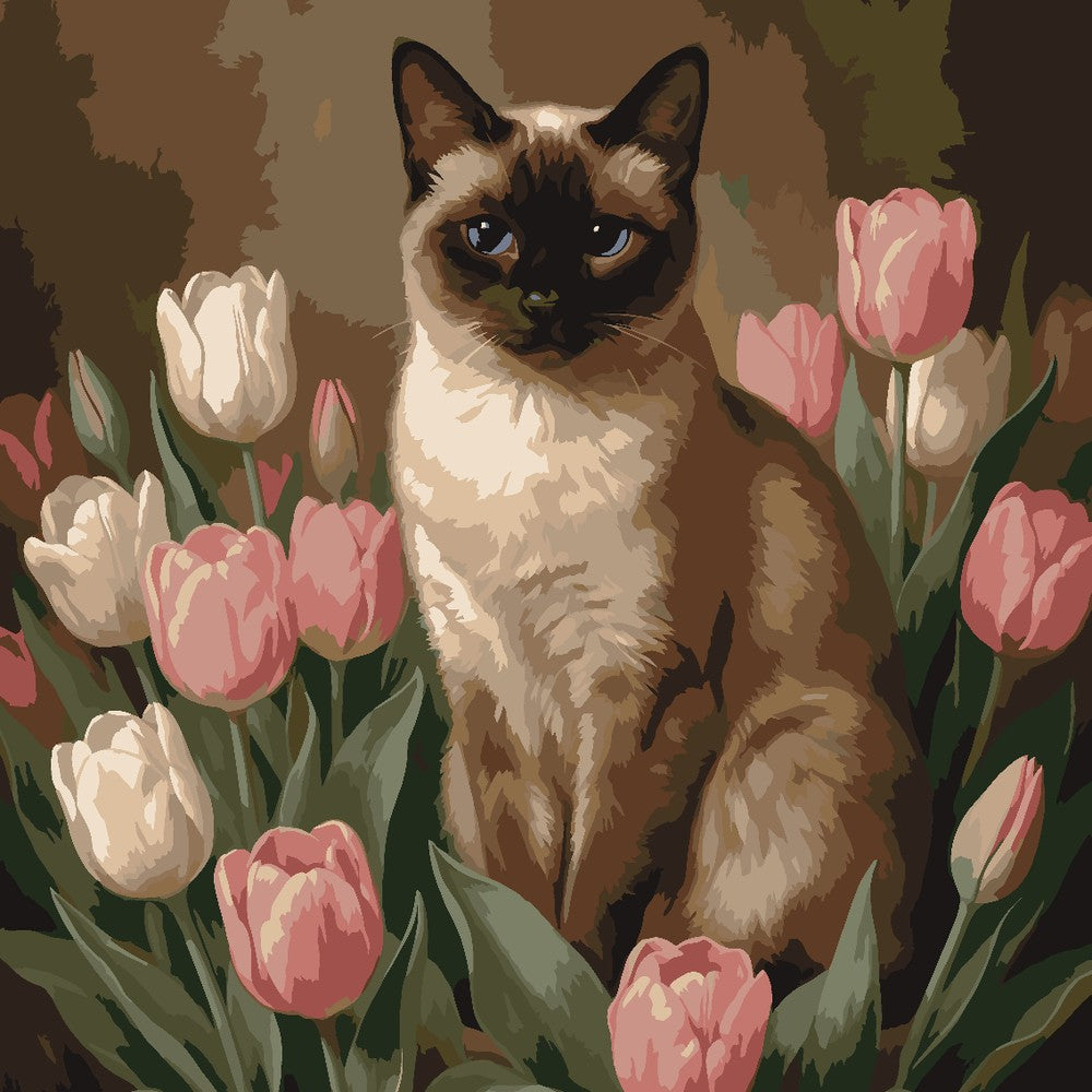 Paint by Numbers - Siamese Cat Among Tulips