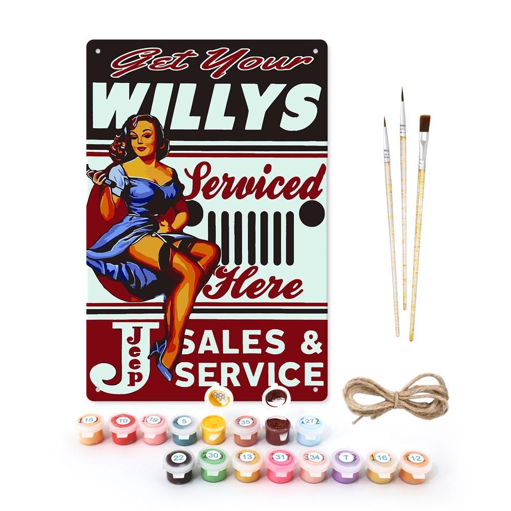 Paint by Numbers – Vintage Metal Wall Art | Willys Jeep Sales & Service Pin-up