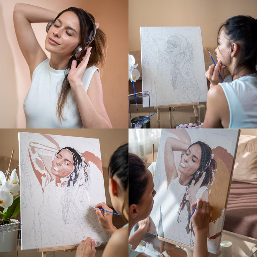 Step-by-step Paint by Numbers process showing a woman enjoying painting her custom artwork. The DIY kit provides relaxation and creativity, making it an ideal gift for art lovers and beginners.