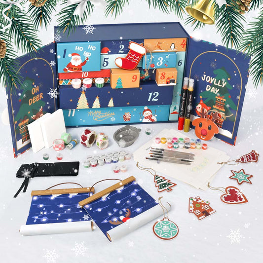Christmas advent calendar with craft materials on a white background
