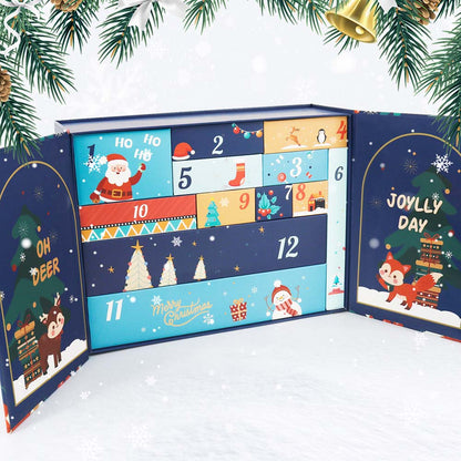Advent calendar with festive designs and numbers on a snowy background