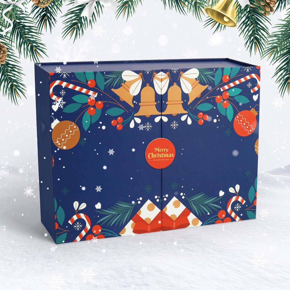 Christmas-themed gift box with festive decorations on a snowy background