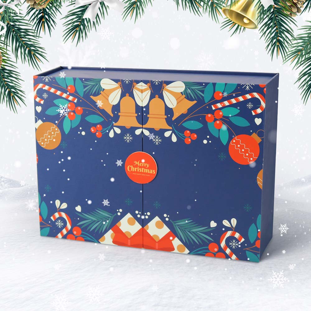 Decorative Christmas box with festive patterns on a snowy background