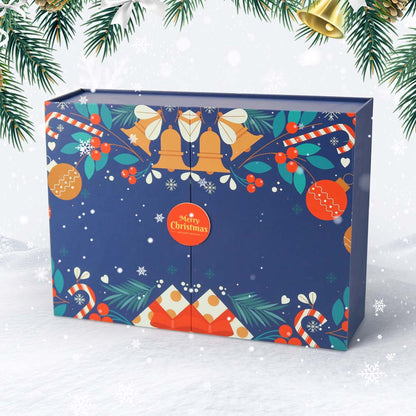 Decorative Christmas box with festive patterns on a snowy background
