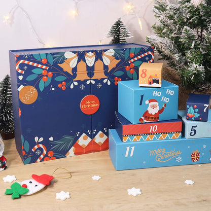 Christmas-themed advent calendar with numbered boxes on a wooden surface.