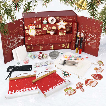 Red Christmas advent calendar with art supplies on a white background