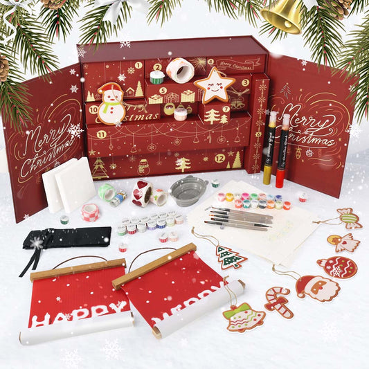Red Christmas advent calendar with art supplies on a white background