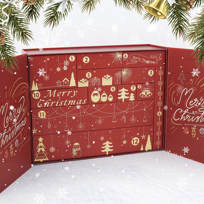 Red advent calendar with Christmas-themed design on a snowy background