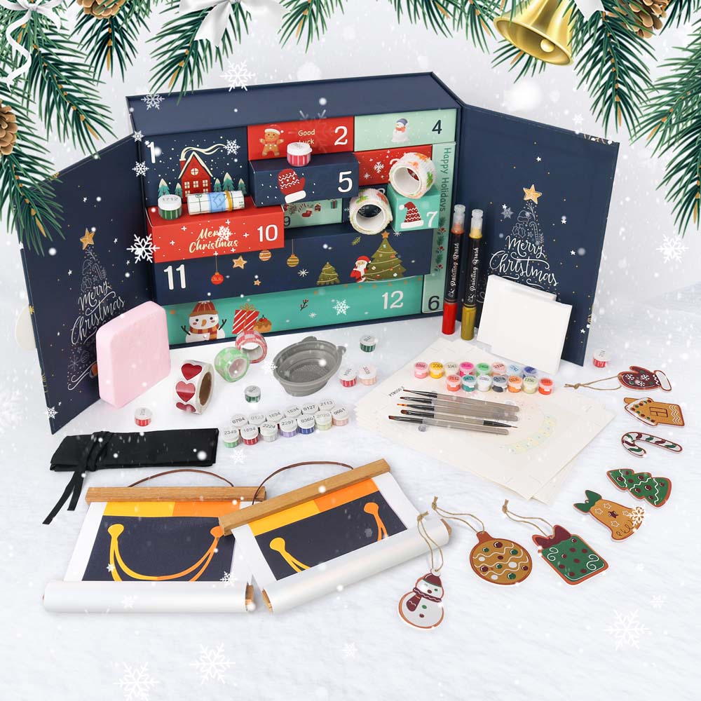 Advent calendar with art supplies and Christmas decorations on a white background