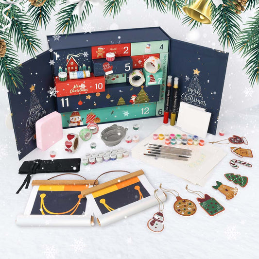 Advent calendar with art supplies and Christmas decorations on a white background