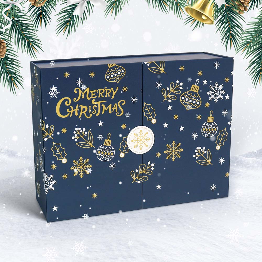 
Navy blue advent calendar with gold and white Christmas decorations on a snowy background