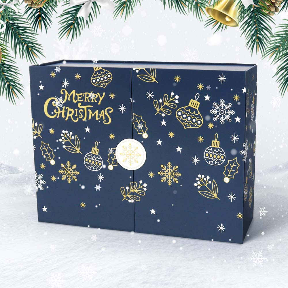Blue Christmas-themed box with gold decorations on a snowy background