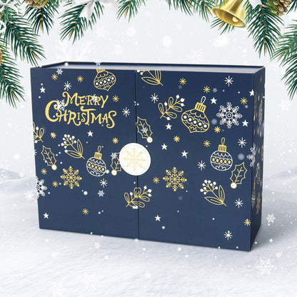 Blue Christmas-themed box with gold decorations on a snowy background