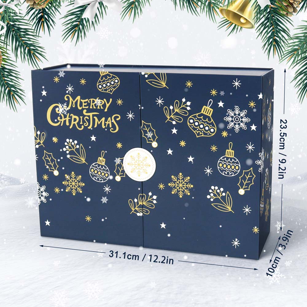 Blue advent calendar with gold Christmas decorations on a snowy background