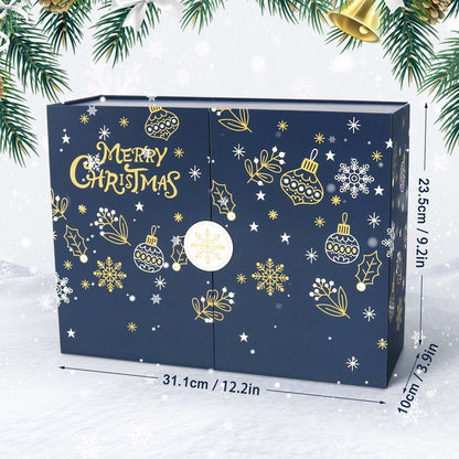 Blue advent calendar with gold Christmas decorations on a snowy background