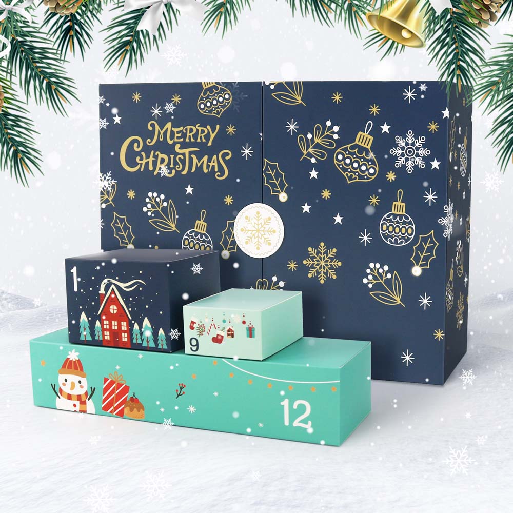 Advent calendar with festive design, Christmas decorations, and snowflake pattern.