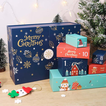 Advent calendar with colorful boxes on a wooden surface, Christmas tree in the background