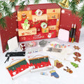 Christmas-themed advent calendar with craft supplies on a white background