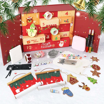 Christmas-themed advent calendar with craft supplies on a white background