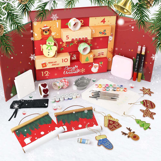 Christmas-themed advent calendar with craft supplies on a white background