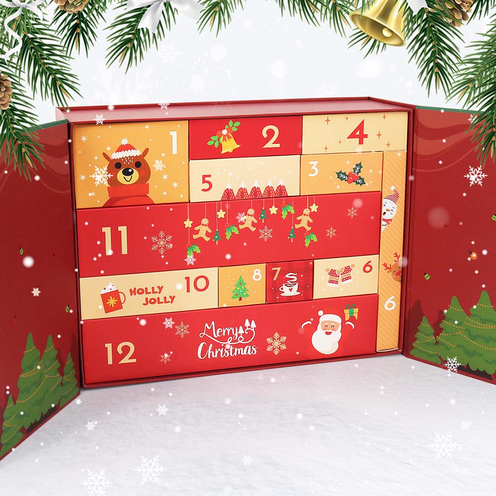 Red advent calendar with Christmas-themed designs on a snowy background